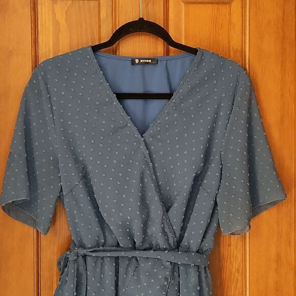 Blue Wrap Dress with Polka Dots - Picture 3 of 8